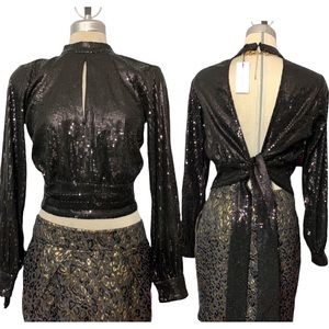 *NEW* DYNAMITE Black Long Sleeves Open Back Sequins Luxury Top Size M